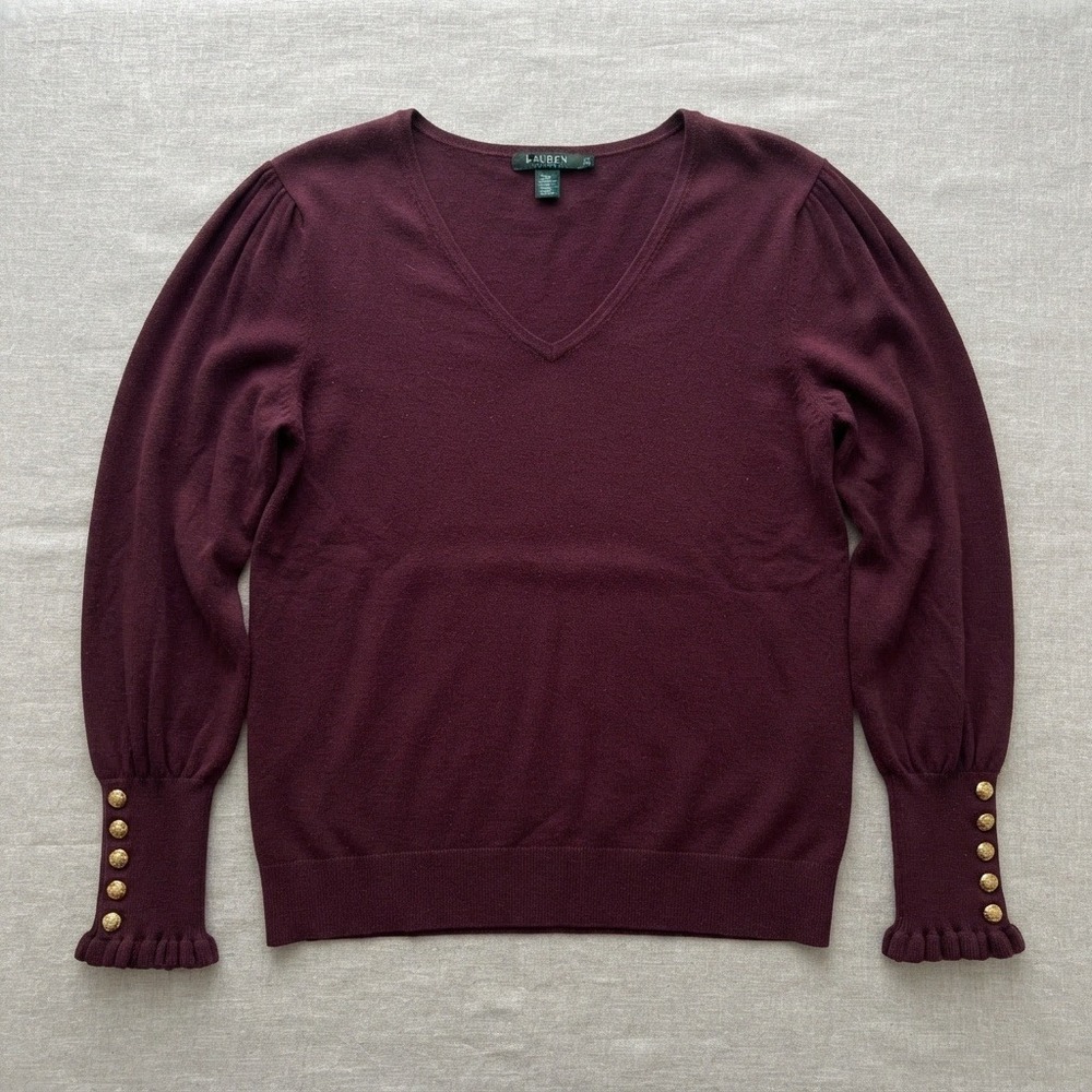 Lauren Ralph Lauren 3x V-Neck Sweater Crest Button Ruffle Cuff maroon capsule